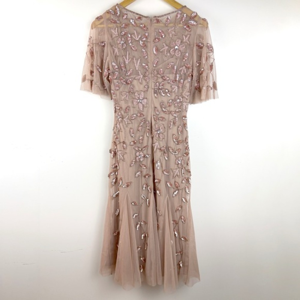 Adrianna Papell Beaded Sequin Mesh Midi Dress Rose Gold Flutter‎ Sleeve Size 2 - Picture 6 of 16